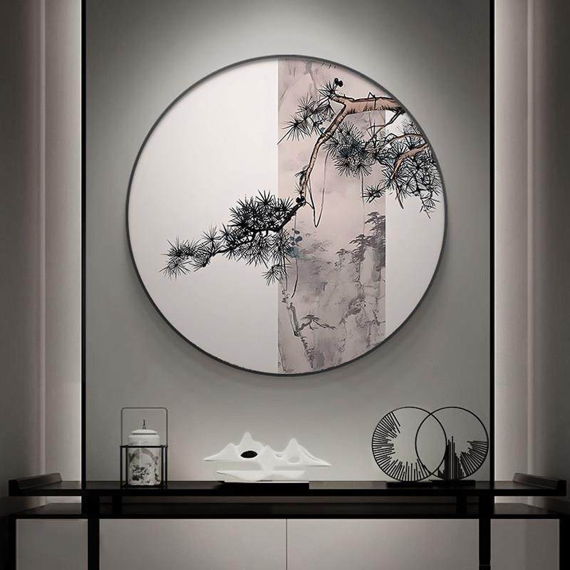 中式松树竹禅意挂画软装客厅茶室背景墙装饰画样板房玄关圆形壁画