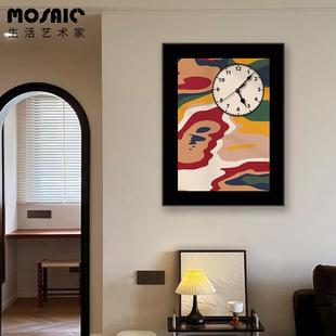 法式竖款中古风抽象蒙德里安黑色装饰画挂钟可遮挡电表箱组合钟表