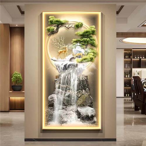 流水生财入户玄关装饰画迎客松挂画走廊尽头轻奢山水壁画LED灯画