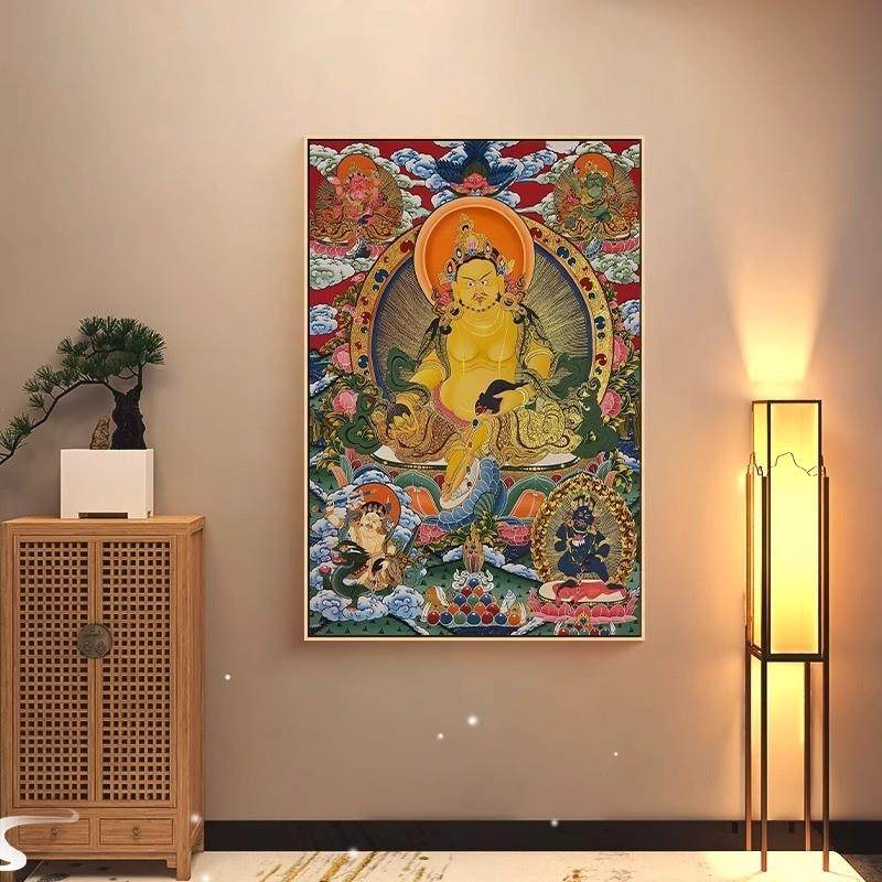 唐卡挂画五色黄财神玄关装饰画藏式佛像财神爷客厅办公室招财壁画