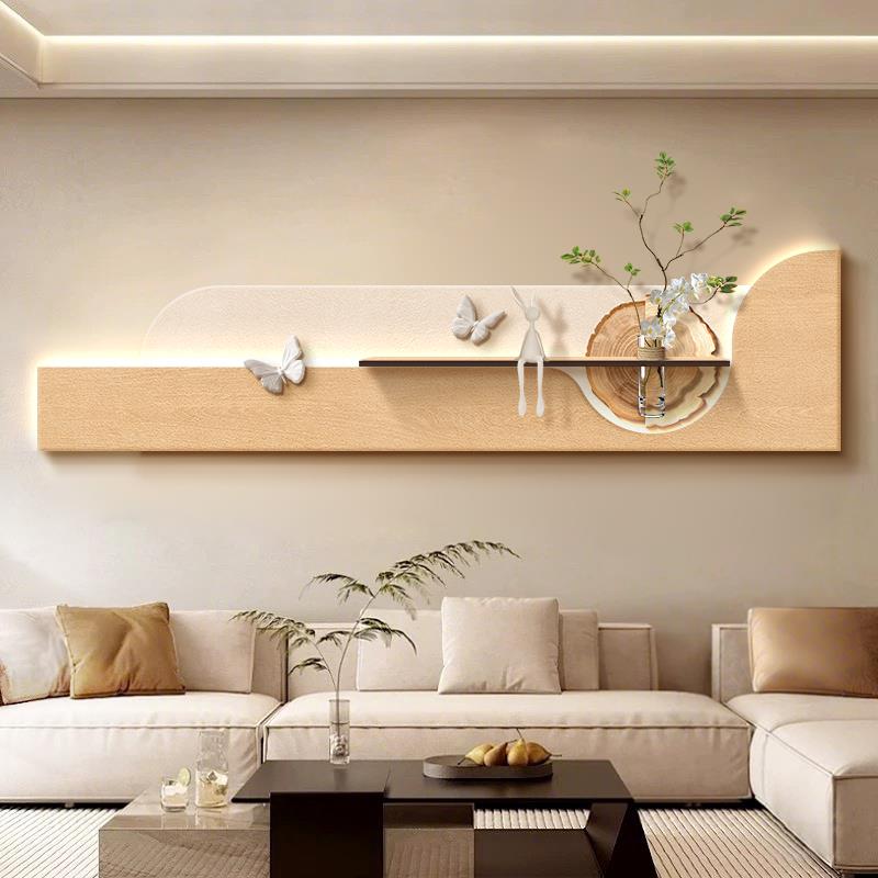 奶油原木风客厅装饰画年轮水培绿植沙发背景墙卧室高级感壁画挂画