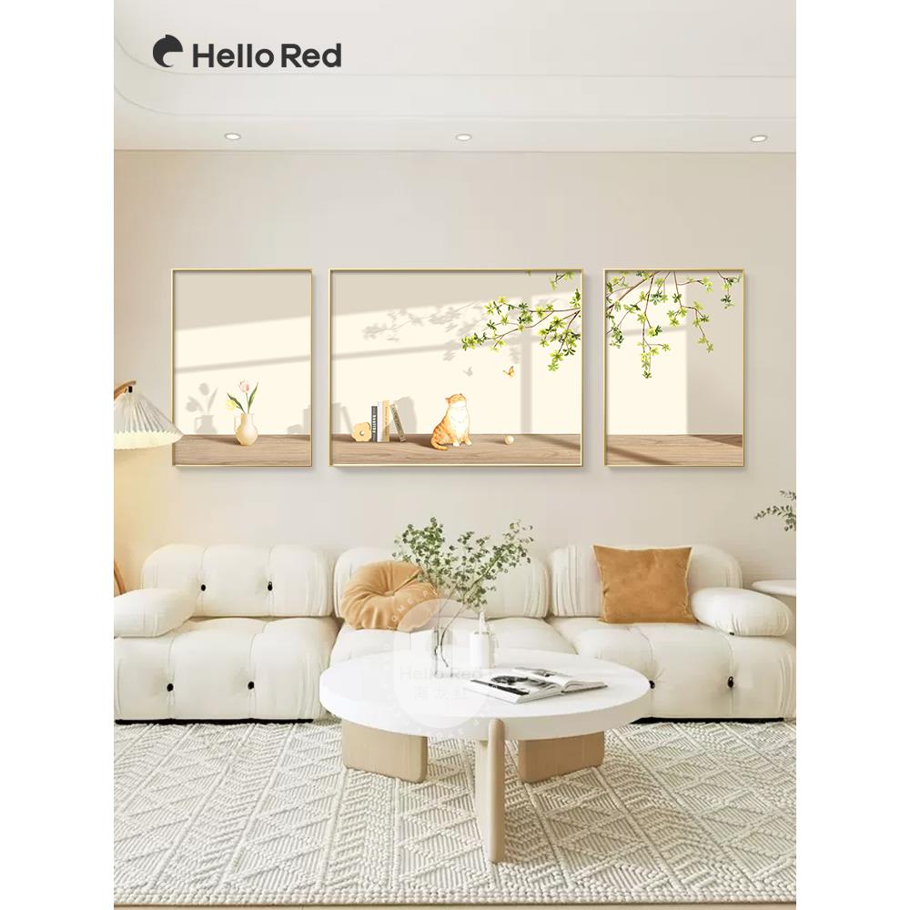 北欧绿植客厅挂画小清新光影原木奶油风三联壁画沙发背景墙装饰画