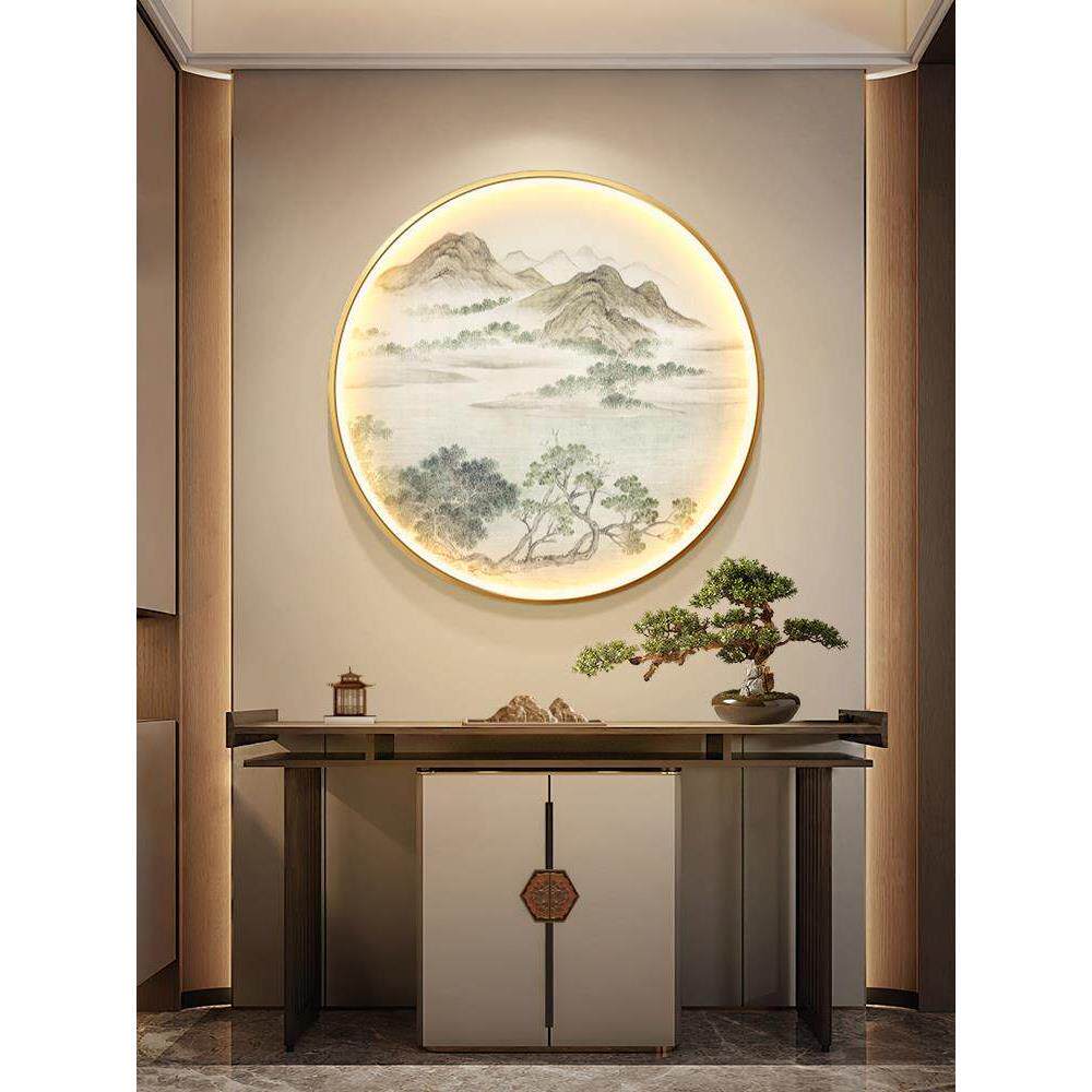 山水新中式禅意玄关装饰画发光LED灯画宋代美学国画圆形客厅餐厅图片