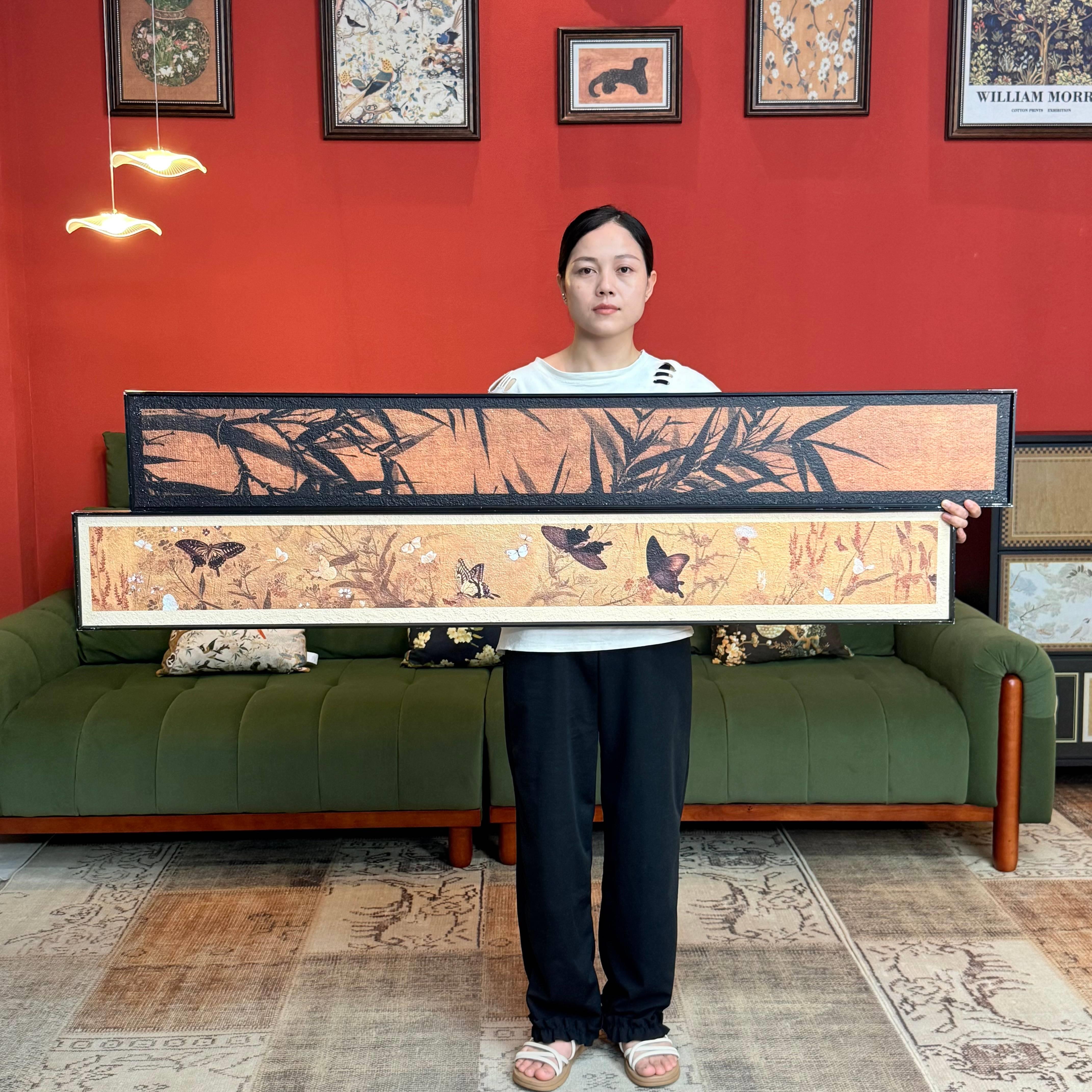 中古风百蝶图二连极古窄长条竖版横版M002装饰画卧室二联20150