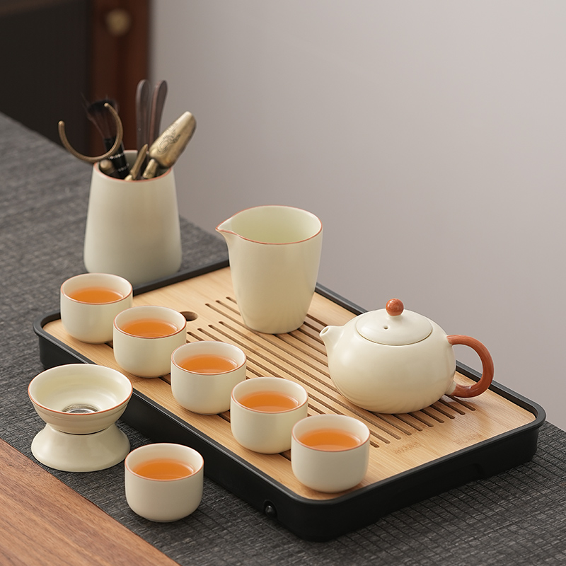 2025新款米黄汝窑功夫茶具套组家用轻奢高档陶瓷茶壶茶杯盖碗泡茶