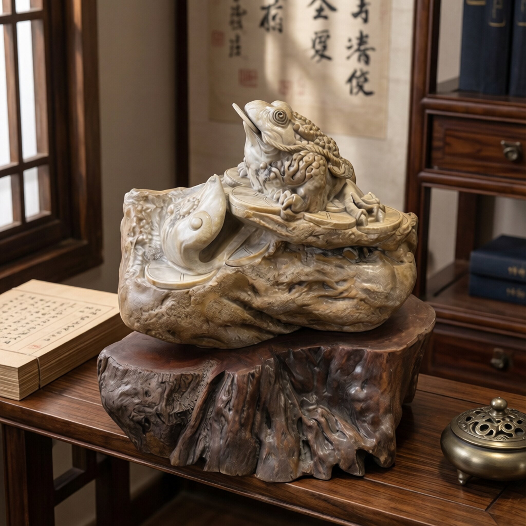 木化玉纯手工雕刻古典蟾蜍摆件招财镇宅中国风家居办公室金蟾石雕