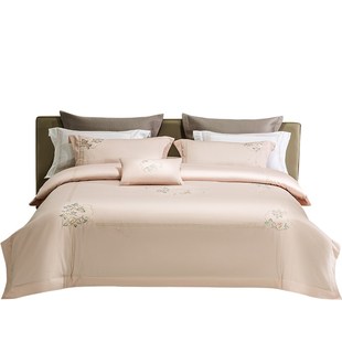 粉色花卉植物刺绣全棉被套床单四件套床上用品 轻奢新中式