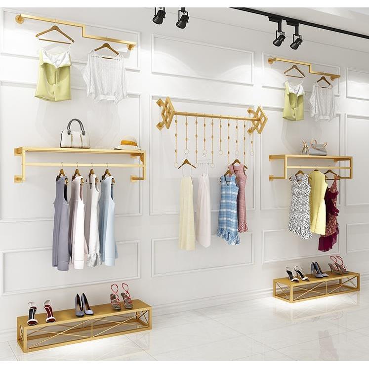 金色服装店上墙壁挂式正挂杆简约女装店墙上挂衣杆衣服展示架金色
