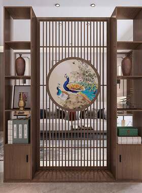 新中式办公室进门遮挡隔断柜子客厅实木沙画屏风餐厅入户玄关座屏