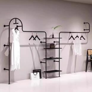 简约服装店上墙壁挂展示架铁艺落地直杆挂衣架男女装店货架哑光黑