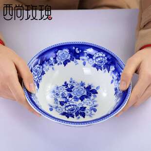 陶瓷釉钴蓝色玫瑰花中彩个性 家用碗杯套装 青花瓷餐具带勺子现货