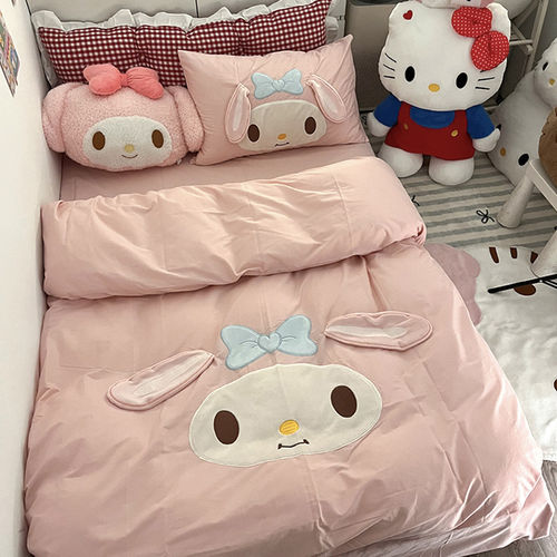 晚安猫少女心纯棉四件套可爱卡通床单被套全棉宿舍三件套床品