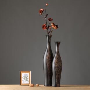 复古轻奢竖高黑色花瓶摆件客厅干花艺术玄关树脂新中式 饰 高级感装