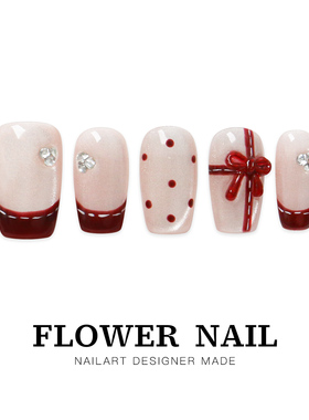 花芷「红晕夜歌」复古红色蝴蝶结美甲纯手工穿戴甲轻奢高级感秋冬