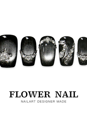 花芷「黑色风暴」高端黑色灵蛇纯手工美甲穿戴甲猫眼中长款高级感