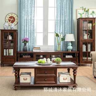 乡村茶几小户型家具复古茶桌实木落地客厅红橡木木质储物柜 美式