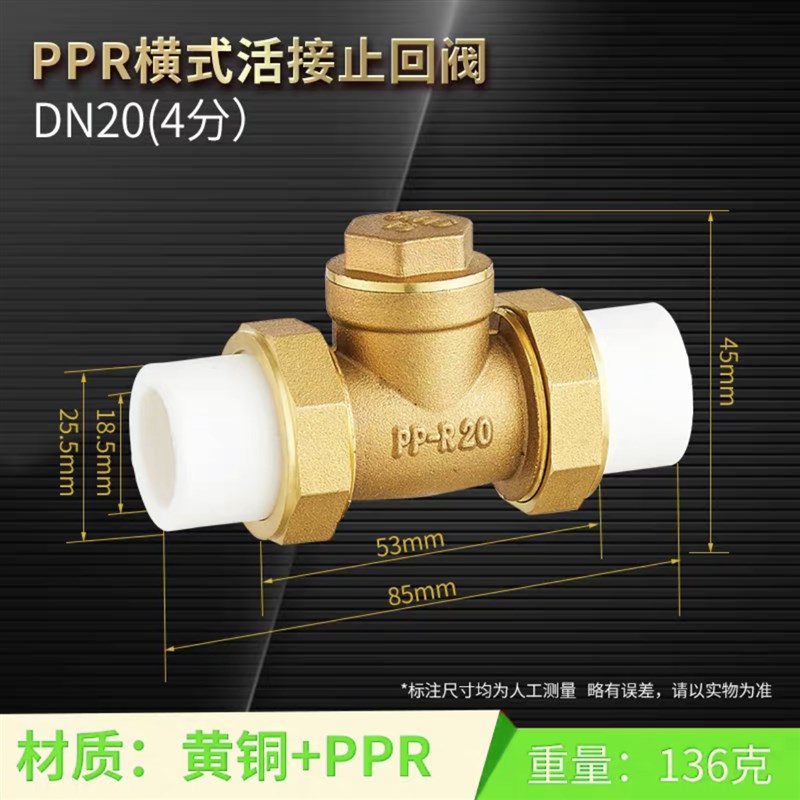 PE止回阀PPR铜卧立式双活w接单向阀逆止自来水管表4/6分单向阀