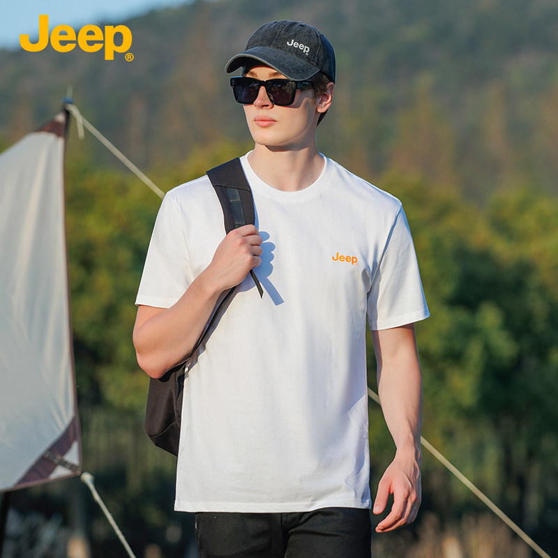 JEEP 夏季户外纯色棉质男式圆领短袖T恤宽松潮流透气运动纯棉上衣