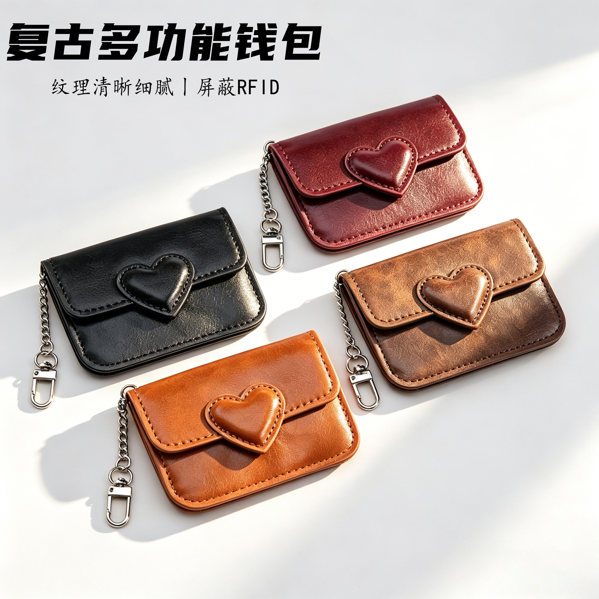 复古油蜡皮爱心卡包女士2026新款甜酷高级小包挂件便携耐脏零钱包