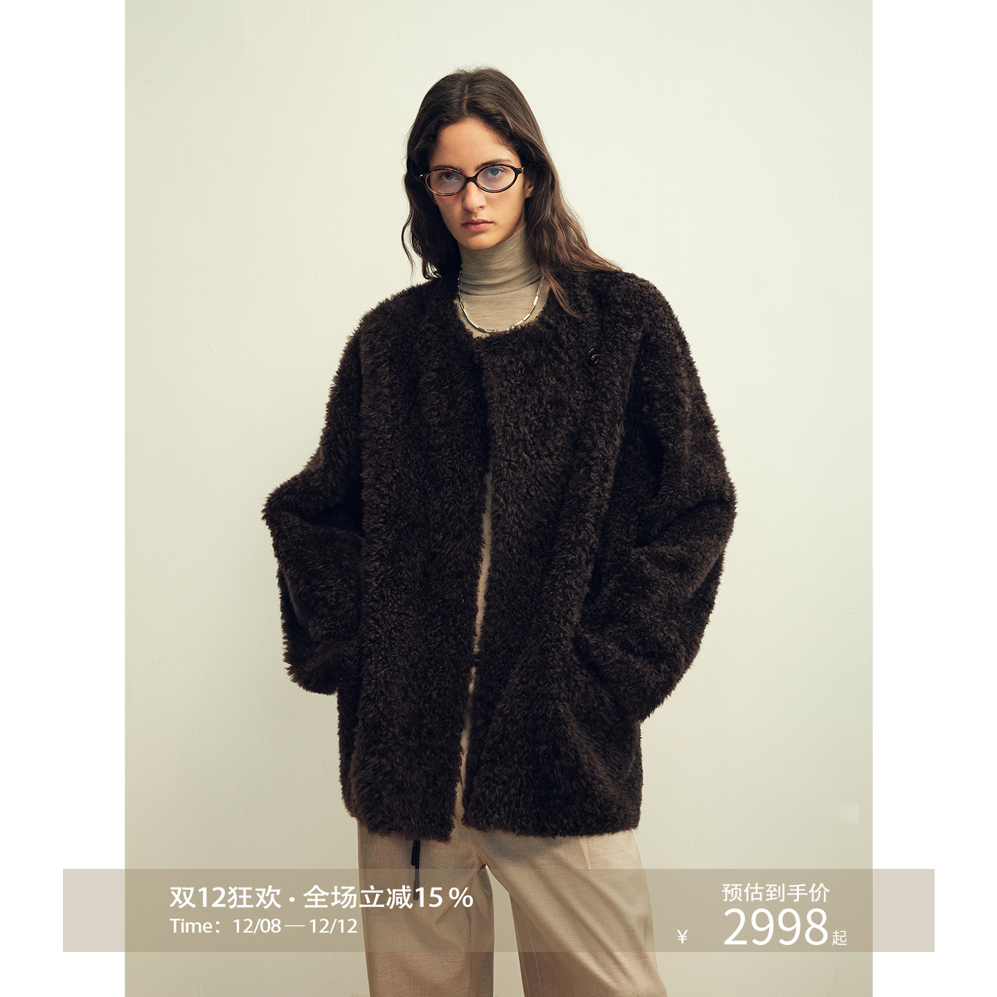 付智恩 夜航西飞 极简TOTEM*风西班牙进口美利奴皮毛一体皮草外套