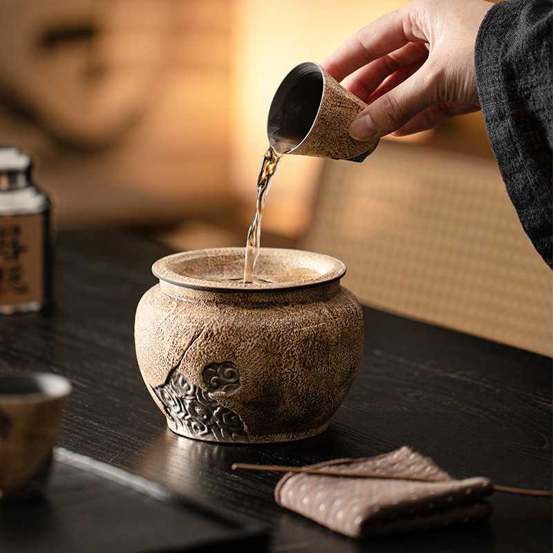 尘造 敦煌粗陶祥云建水 大号陶瓷茶渣缸废水缸带盖水洗水盂配件