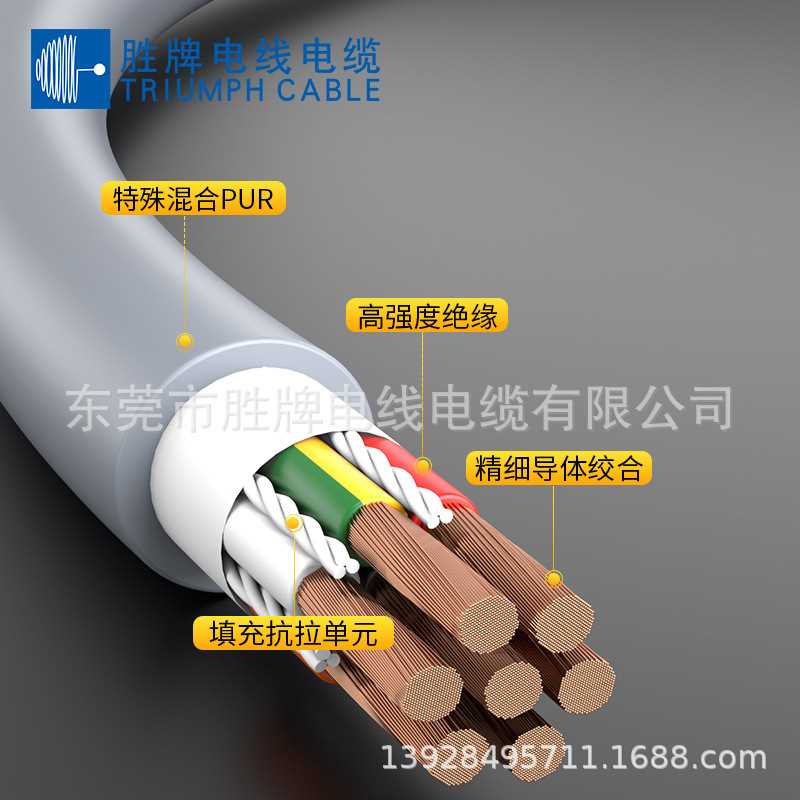 800万次PUR柔性动力拖链电缆TRVU 2*0.75MM 耐弯折耐油数据传输线