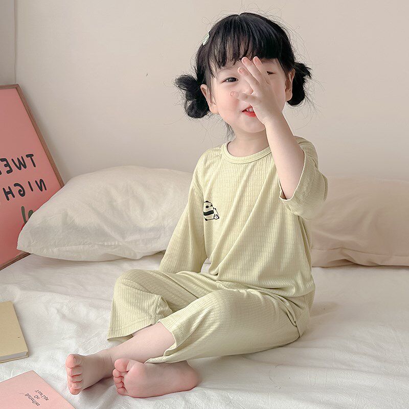 儿童凉感睡衣夏季超薄款A类优可丝男童女宝宝家居空调服7分袖套装