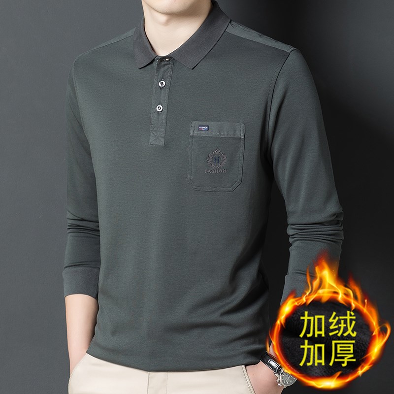 爸爸冬装上衣加绒加厚中老年男士长袖T恤带领有兜口袋水洗棉丅血