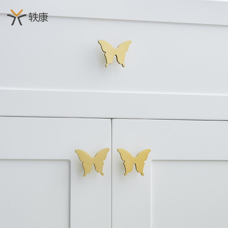 轶康创意黄铜拉手蝴蝶田园风铜拉丝衣柜抽屉儿童房斗柜金色小把手