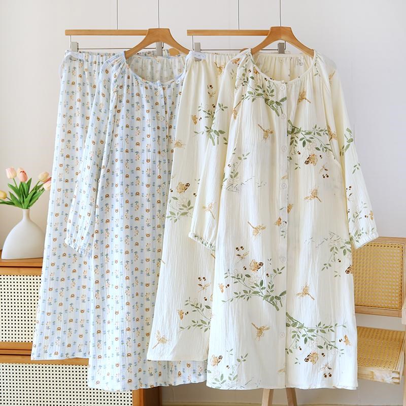 月子服待产裙两件套夏季薄款孕妇睡裙双层纯棉纱布长袖哺乳睡衣