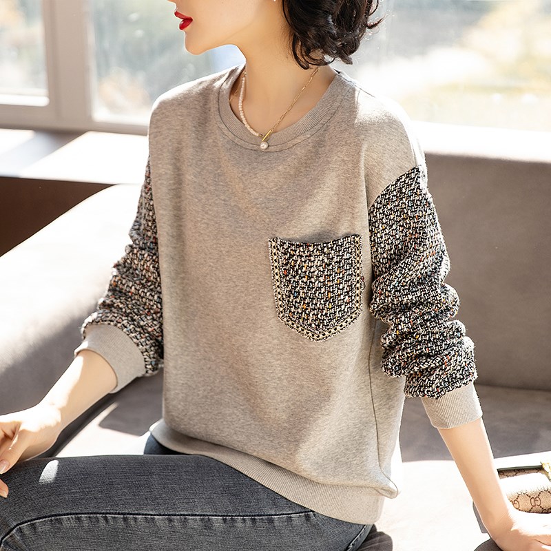 卫衣女春秋新款加肥加大码女装宽松中年妈妈休闲拼接百搭显瘦上衣