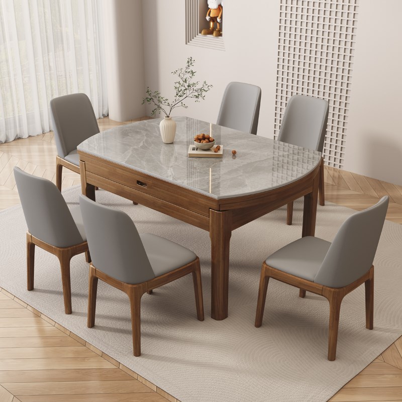 全实木岩板餐桌椅2024新款家用小户型吃饭桌北欧可伸缩电磁炉圆桌