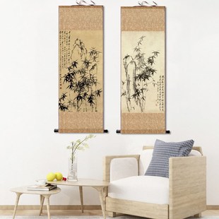 名家郑板桥竹石图卷轴画丝绸画绢画宣纸仿古画家居装饰国画微喷画
