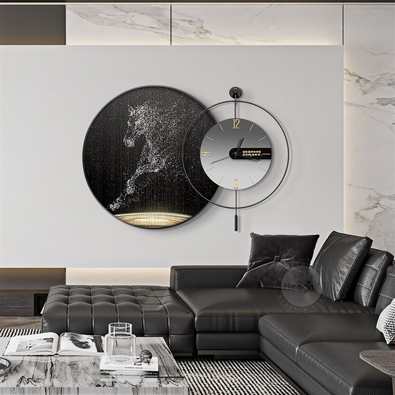 马到成功餐厅装饰画高档钟表组合画led灯画饭厅壁画圆形客厅挂画图片