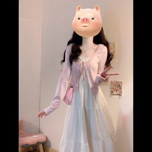 两件套装女春季初恋风穿搭小个子白色吊带连衣裙粉色薄款针织开衫