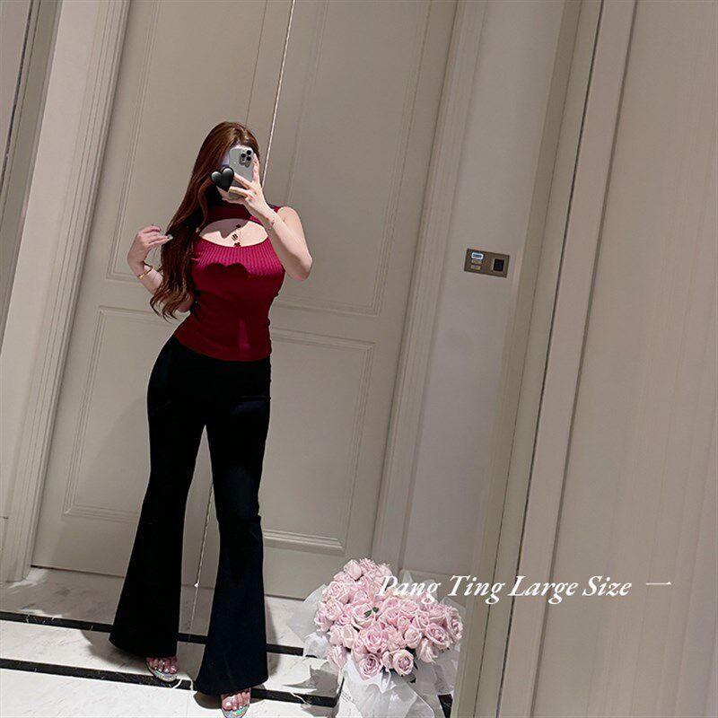 胖婷大码定制胖mm长腿必杀技春夏弹力高腰显瘦双色微喇西裤女