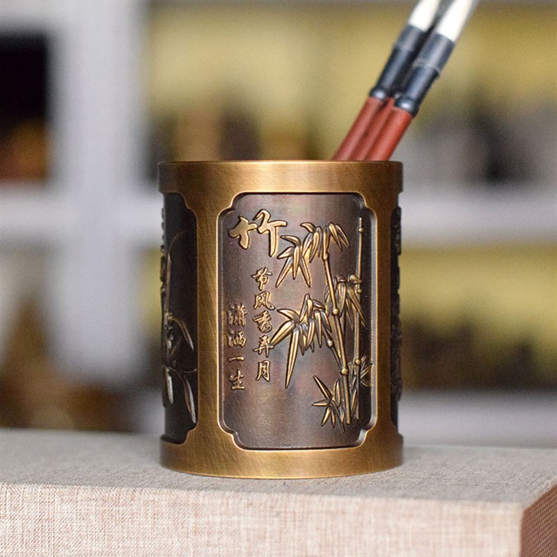 黄铜笔筒小号梅兰竹菊精品光滑仿古做旧小笔筒小朋友精雕包邮书房