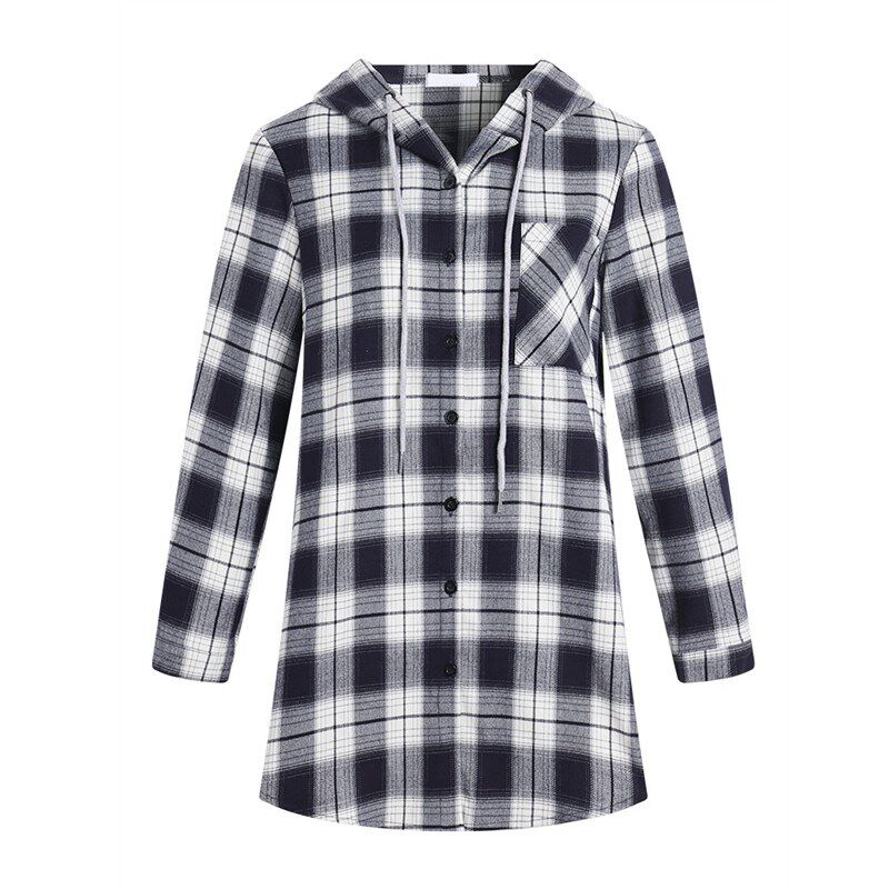 纯棉格子衬衫女装2024秋冬季新款连帽大码长袖上衣中长款衬衣外套