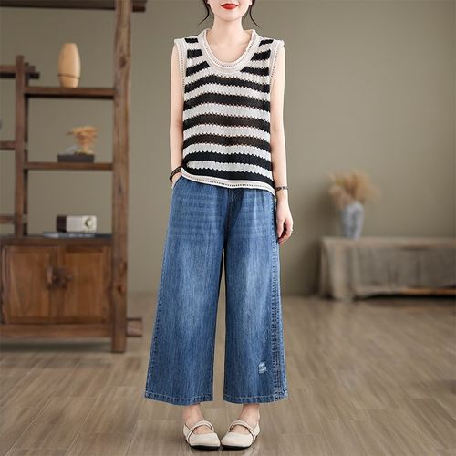 2024夏季新款大码磨白破洞直筒牛仔裤显瘦百搭小个子九分阔腿裤女