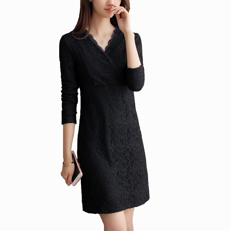 加绒加厚长袖t恤2021新款女装中长款v领蕾丝打底衫大码显瘦上衣服