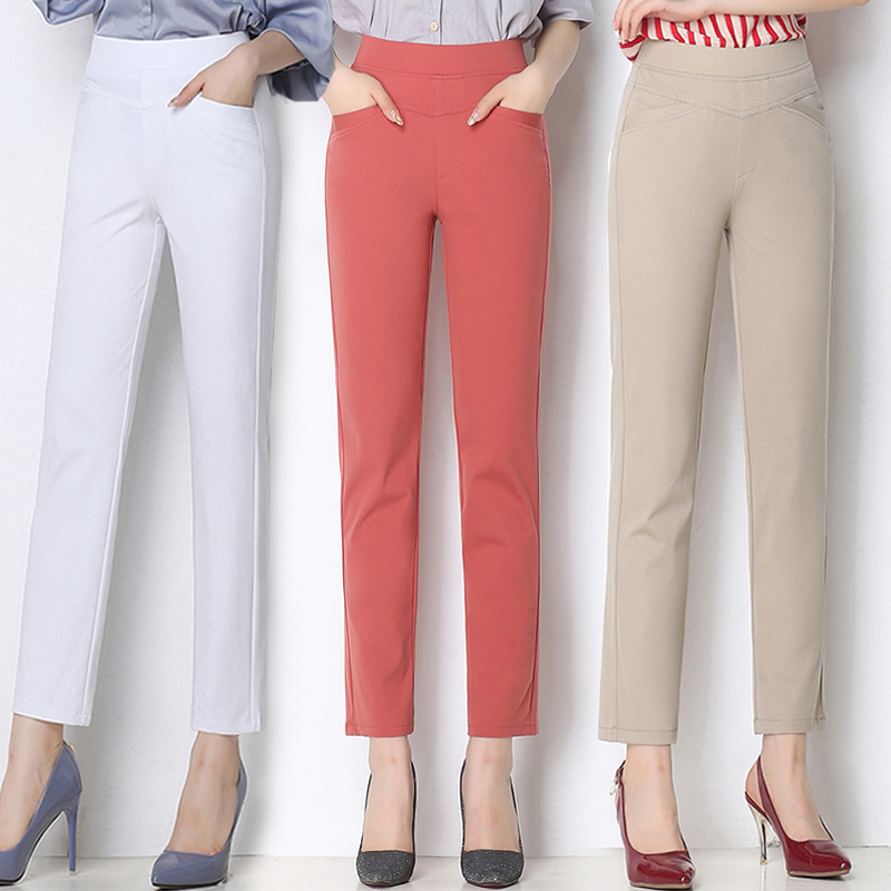 夏季薄款彩色九分小直筒裤女大码宽松高腰弹力中老年妈妈休闲长裤