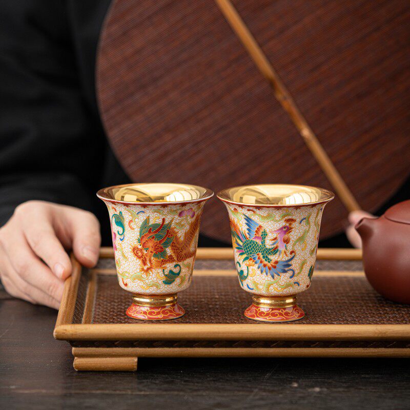 掐丝珐琅彩龙凤对杯24k纯金鎏金茶杯个人专用主人杯金杯金盏酒杯