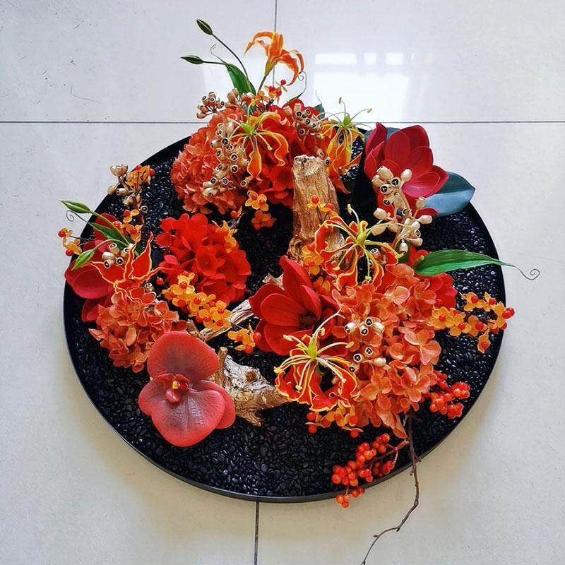 新中式轻奢高端餐厅包厢圆桌中间转盘红装饰花仿真花摆件包邮