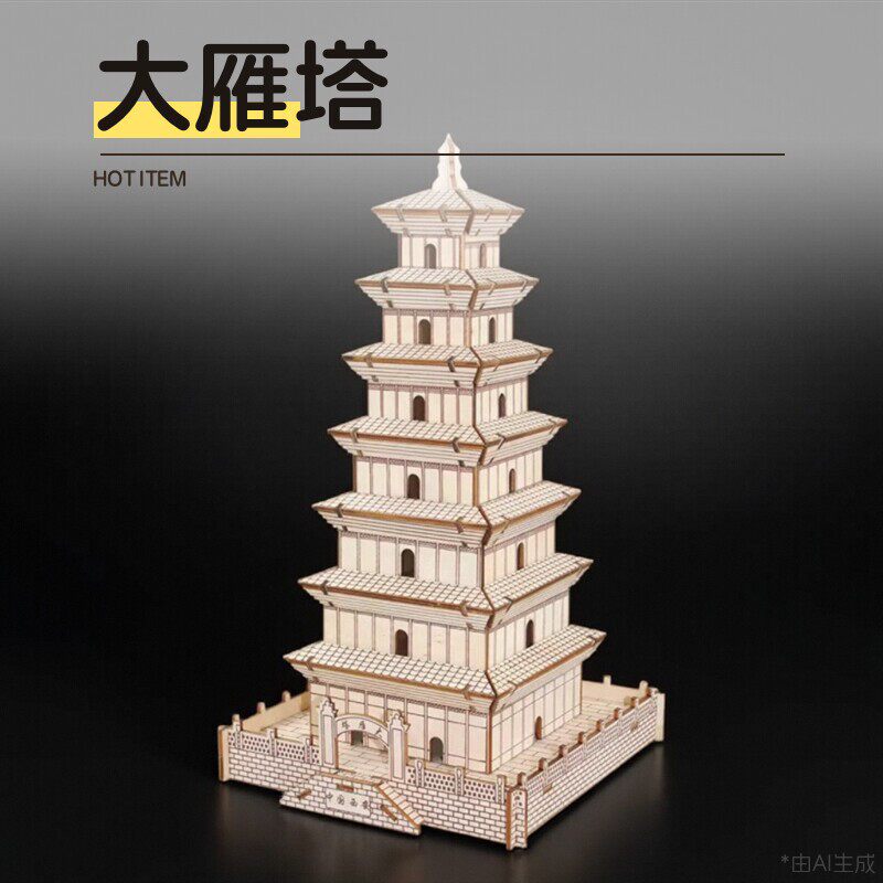 西安大雁塔模型木质立体拼图手工DIY学校作业木制拼装古风建筑