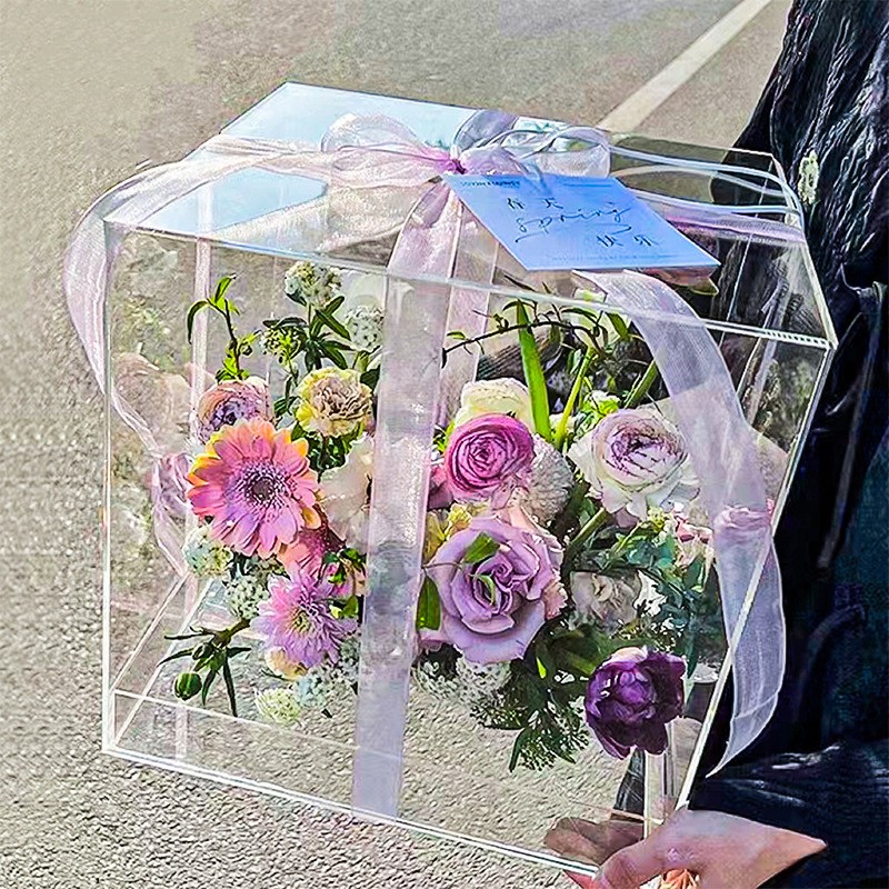全透明方形亚克力花盒大号一体免拼装亚克力展示盒永生花礼盒包装