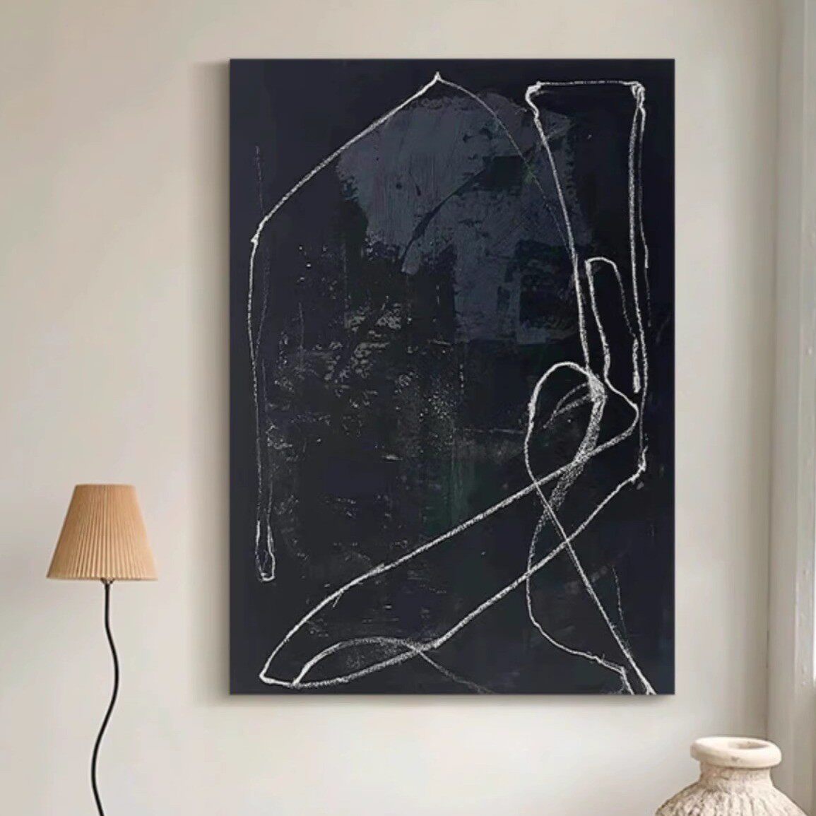 纯手绘油画意式极简黑白线条客厅装饰画玄关挂画高级肌理民宿壁画