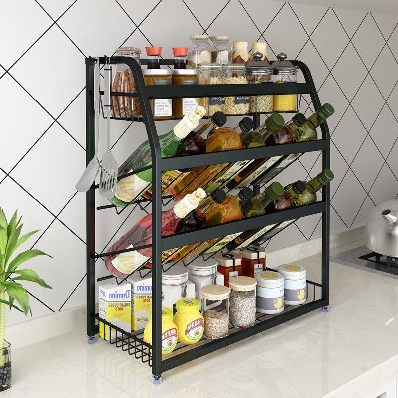 304不锈钢黑色置物架落地调料佐料架斜放厨房酱油醋调味瓶收纳架