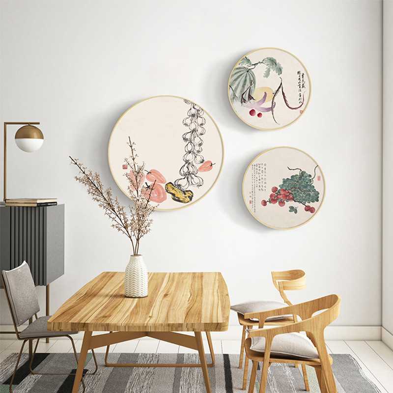 时节佳果 新中式圆形餐厅装饰画国风水果客厅壁画原木风挂画图片