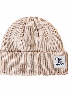 OneDaySober徽标字母刺绣破洞冷帽 美式复古大头围针织毛线帽男女