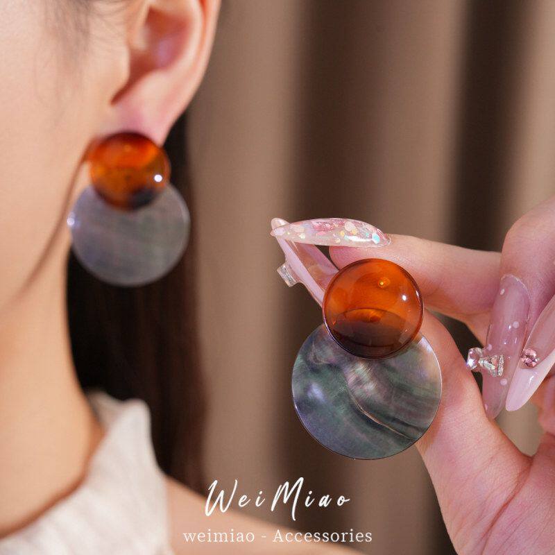时尚耳钉个性中古贝壳圆形女小众批发耳饰vintage耳环设计感潮流